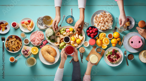 Breakfast spread with hands reaching for various dishes, including eggs, bacon, pancakes, fruits, and beverages on a colorful wooden table.