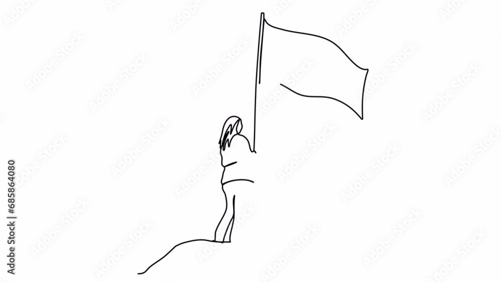 Woman holding a flag on top of a mountain one line drawing animation. Video clip with alpha channel. Woman holding a flag on top of a mountain one line drawing animation. Video clip with alpha channel.