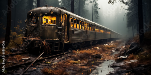 old and destroyed abandoned postwar train,oblivion and death, generative AI photo
