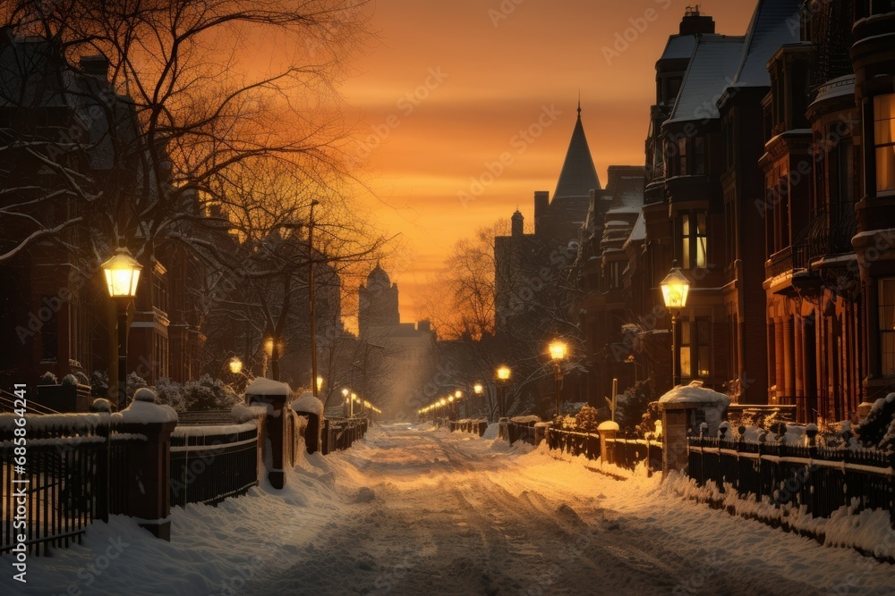 Winter's Glow: Snowy Street at Dusk