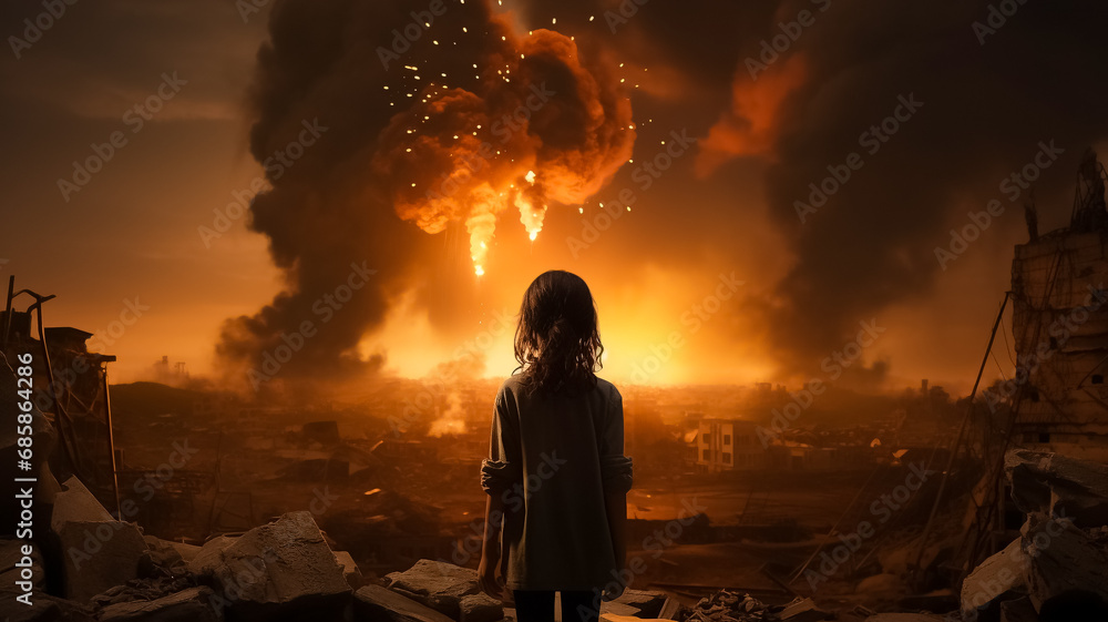 a girl contemplating the destruction of a city due to war, destruction, pain, sadness, hatred, orphan, generative AI