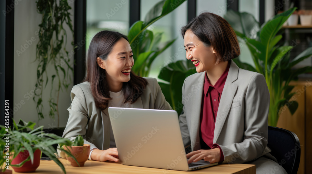 Two Asian women sitting in front of a laptop against office background with green plants. Two Asian women sitting in front of a laptop against office background with green plants.