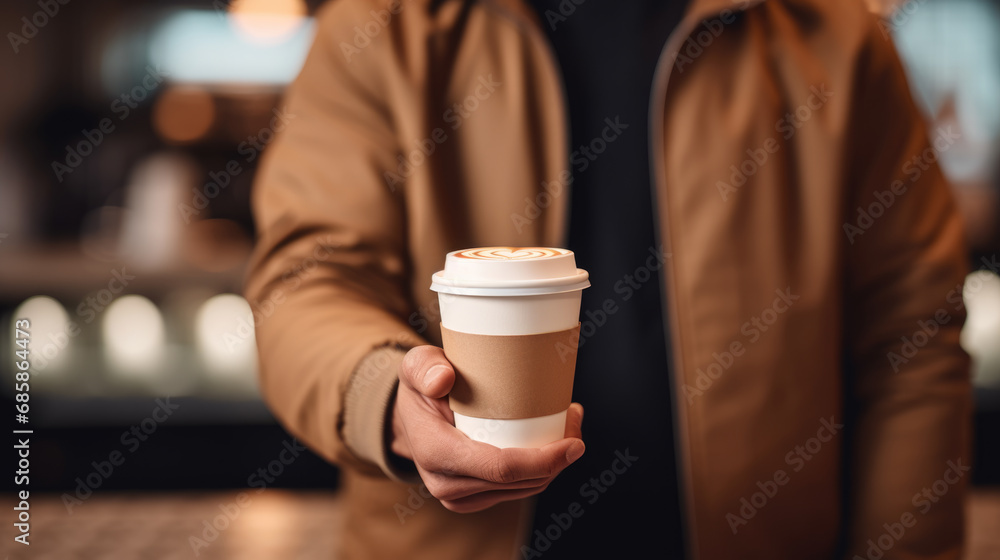 Person is holding a takeaway coffee cup in their hand, focusing on the cup with a blurred caf? background. Person is holding a takeaway coffee cup in their hand, focusing on the cup with a blurred caf? background.