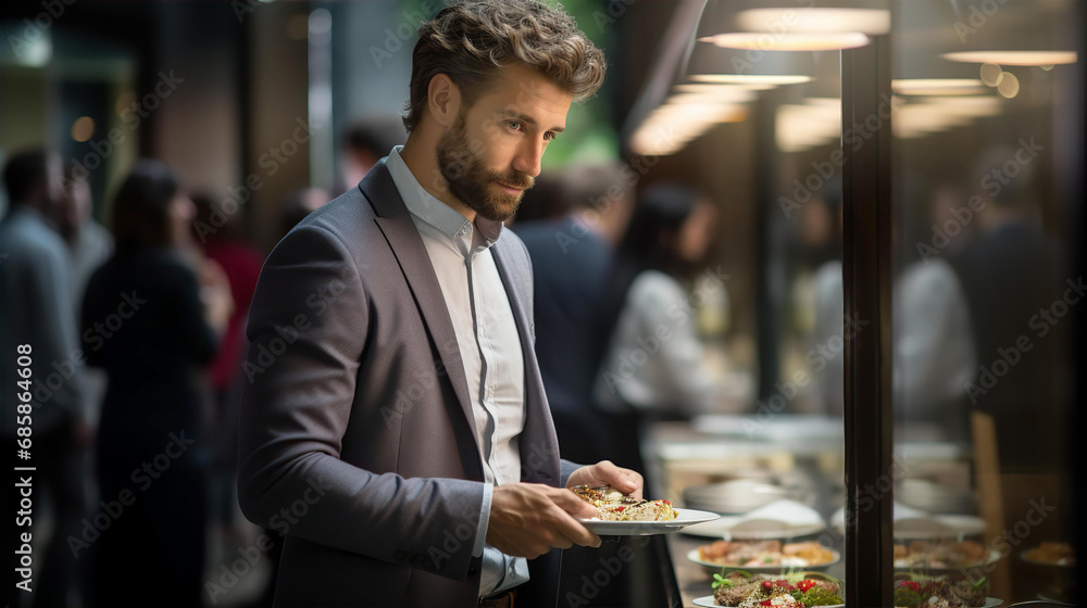 Attractive businessman in suit in office cafeteria at lunch time 