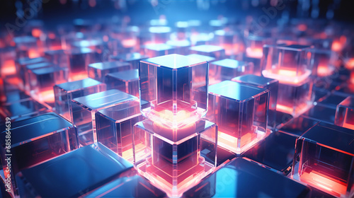 Abstract futuristic background with cubes and neon lights. Technology, big data, digital and AI concept