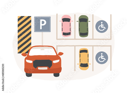 Parking area isolated concept vector illustration. Parking space, empty place, lot of cars, angle perpendicular parallel, road sign marking, underground garage, disabled zone vector concept.