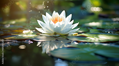 A lotus emerging in a crystal-clear pond, bathed in soft morning light. Generative Ai