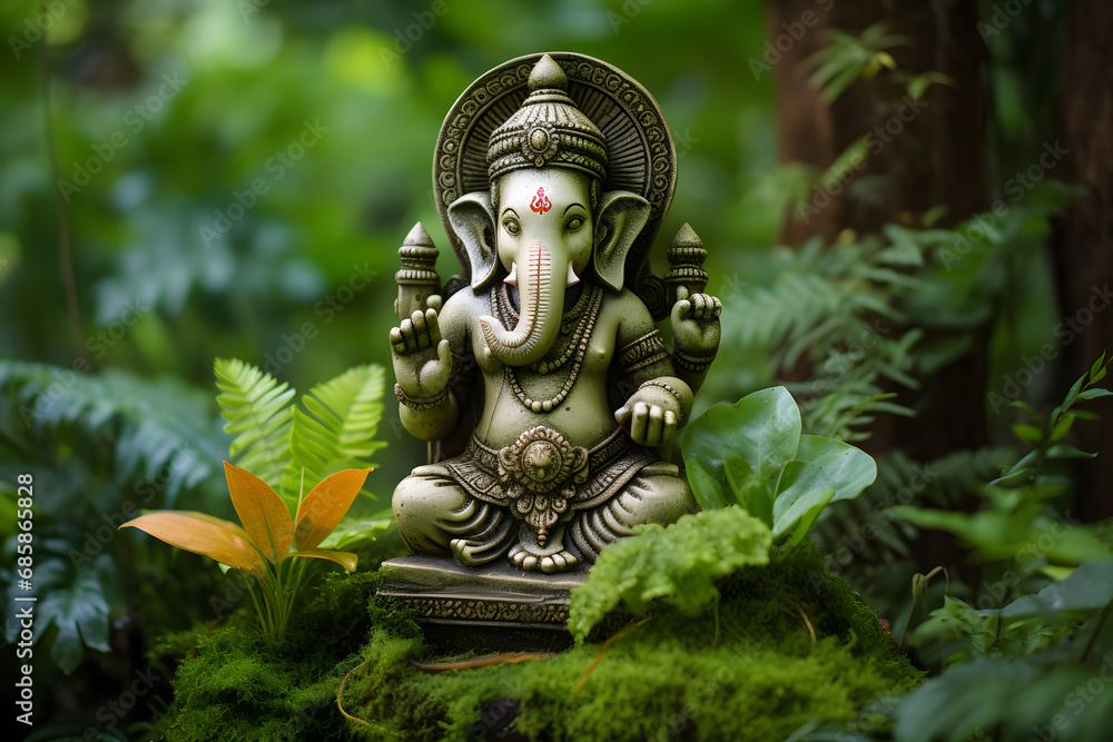 An intricately carved stone Ganesha statue amidst lush greenery.