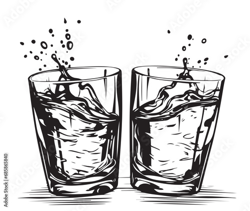 Two glasses of whiskey sketch. Cheers glass vector illustration