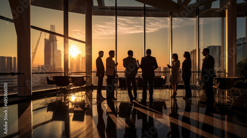 Silhouetted professionals are standing by large windows overlooking a city skyline at sunset, reflecting on the glossy office floor.