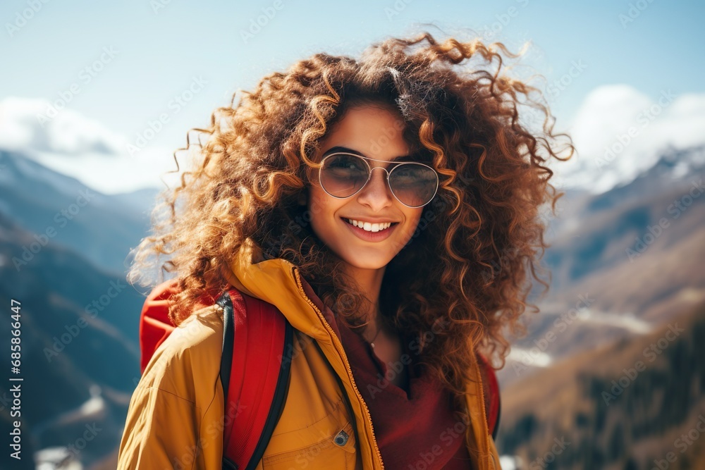 Young beautiful tourist woman with curly hair on top of a mountain. The ...