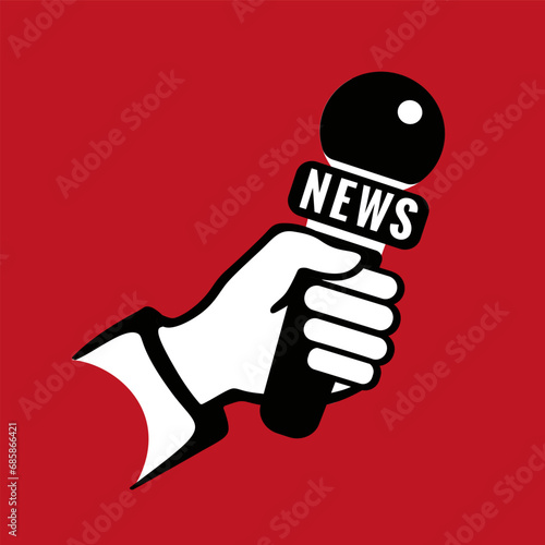 Hand holding microphone line icon. Microphone for news, broadcasting live news, vector illustration