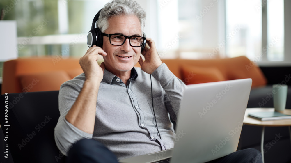 Middle aged man working on a laptop in his modern office Middle aged man working on a laptop in his modern office