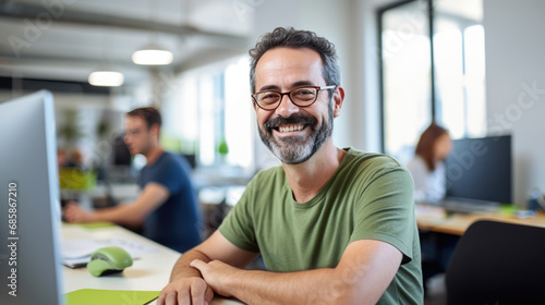 Cheerful man with glasses and a green t-shirt is smiling at the camera, seated in a modern office with co-workers and computers in the background.