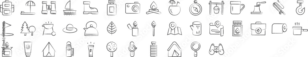 Ncamping trip me hand drawn icons set, including icons such as Backpack, Beach Bed, Boots, Boat, Camera, Cutting wood, and more. pencil sketch vector icon collection Ncamping trip me hand drawn icons set, including icons such as Backpack, Beach Bed, Boots, Boat, Camera, Cutting wood, and more. pencil sketch vector icon collection