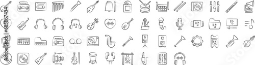 Music instrument hand drawn icons set, including icons such as Banjo, Cassette, Drumsticks, Drum, Guitar, and more. pencil sketch vector icon collection photo