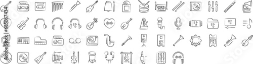 Music instrument hand drawn icons set, including icons such as Banjo, Cassette, Drumsticks, Drum, Guitar, and more. pencil sketch vector icon collection