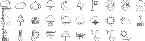 Weather forecasting hand drawn icons set, including icons such as Celsius, Clouds, Droplets, Flash, Lightning, Moon, Rain, and more. pencil sketch vector icon collection