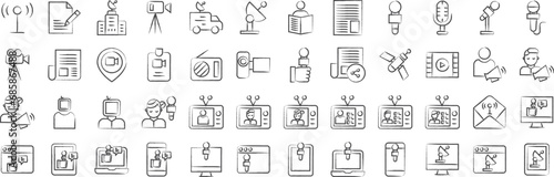 News broadcasting hand drawn icons set, including icons such as Announcement, Antenna, Archive, Camera, Car, Dish,, and more. pencil sketch vector icon collection