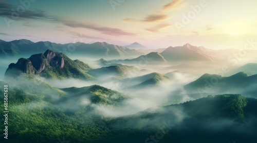 Top view of mountains landscape at sunset with fog, sunset, God Rays, drone view photo