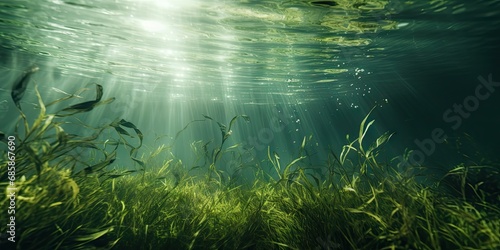 Underwater Grass, Long Seaweed in Dark River Water, Overgrown Stream with Algae, Grass Waving in Water © artemstepanov