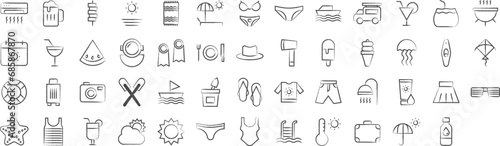 Travel associates hand drawn icons set, including icons such as Alcohol, Bbq, Beach, Bikini, Boat, , and more. pencil sketch vector icon collection