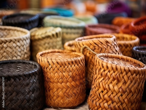 Many Wicker Baskets on Handicraft Market  New Wickerwork  Hand Made Basket  Bamboo Containers