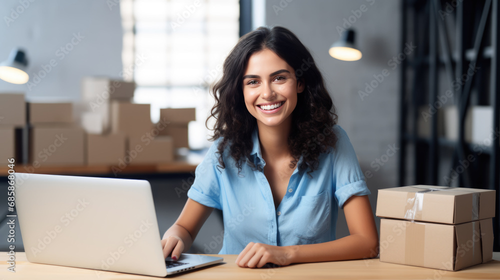 Smiling woman in a warehouse or storage room filled with boxes, working on a laptop Smiling woman in a warehouse or storage room filled with boxes, working on a laptop