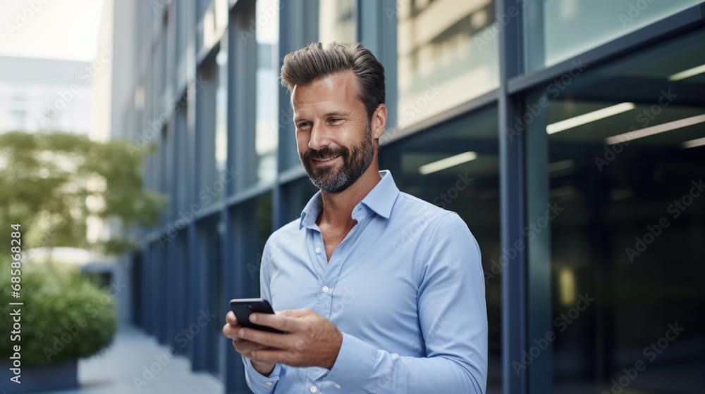 Businessman using his phone at work in the office. Businessman using his phone at work in the office.