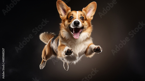 welsh corgi pembroke, studio background. a dog in the air in a jump, a pet in flight. adult animal.