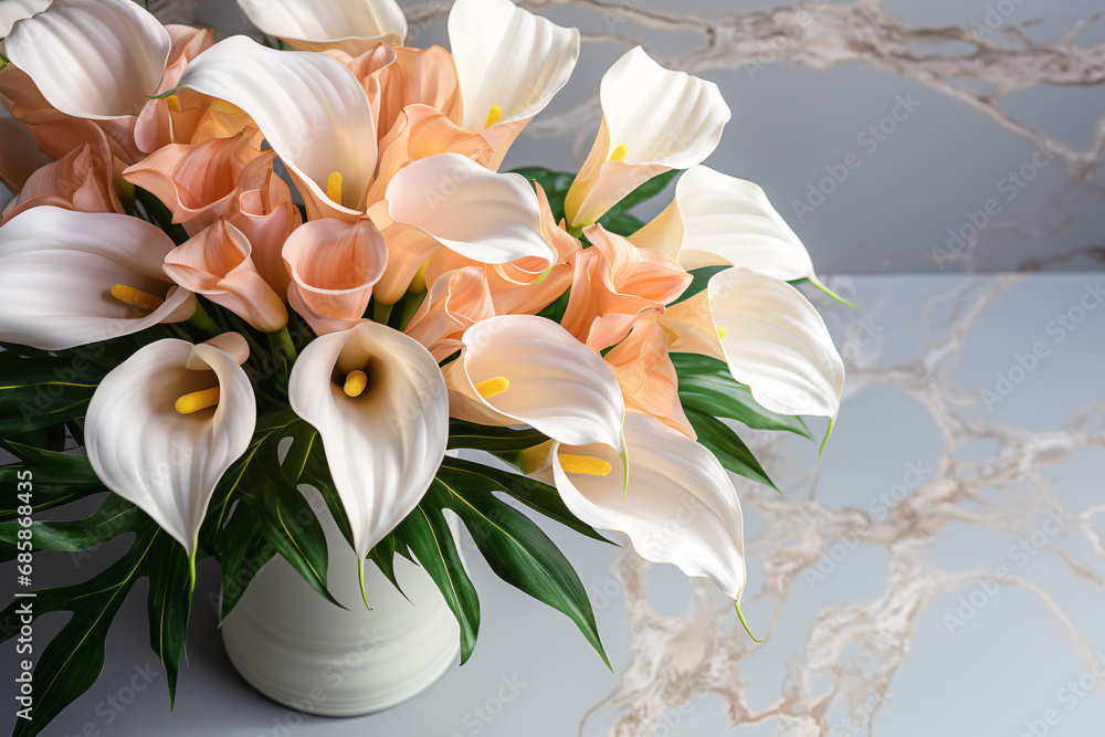 elegant bouquet with calla lilies, delicate flowers, floral background.