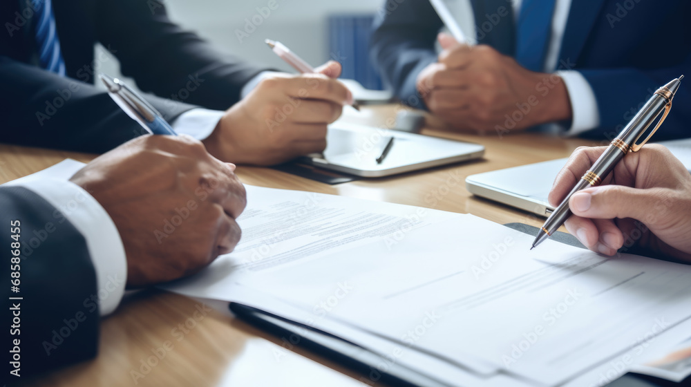 Close-up view of hands signing a document, with multiple individuals engaged in a business meeting around a table. Close-up view of hands signing a document, with multiple individuals engaged in a business meeting around a table.
