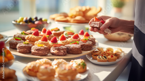 Array of various foods laid out on a table, indicating a buffet-style meal possibly for a brunch or a social event.