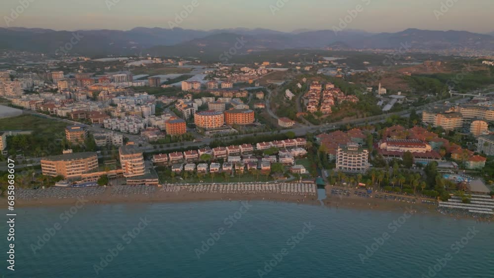 Evening Avsallar in Turkey, Antalya region. Aerial view of the sea and sunset. Evening Avsallar in Turkey, Antalya region. Aerial view of the sea and sunset.
