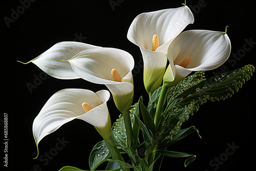 elegant bouquet with calla lilies, white flowers, floral background. whitefly.