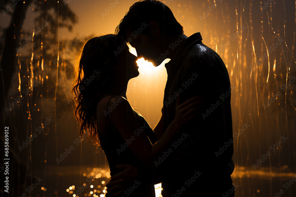 dramatic silhouette of a lucky kissing couple in the rainy evening sunset
