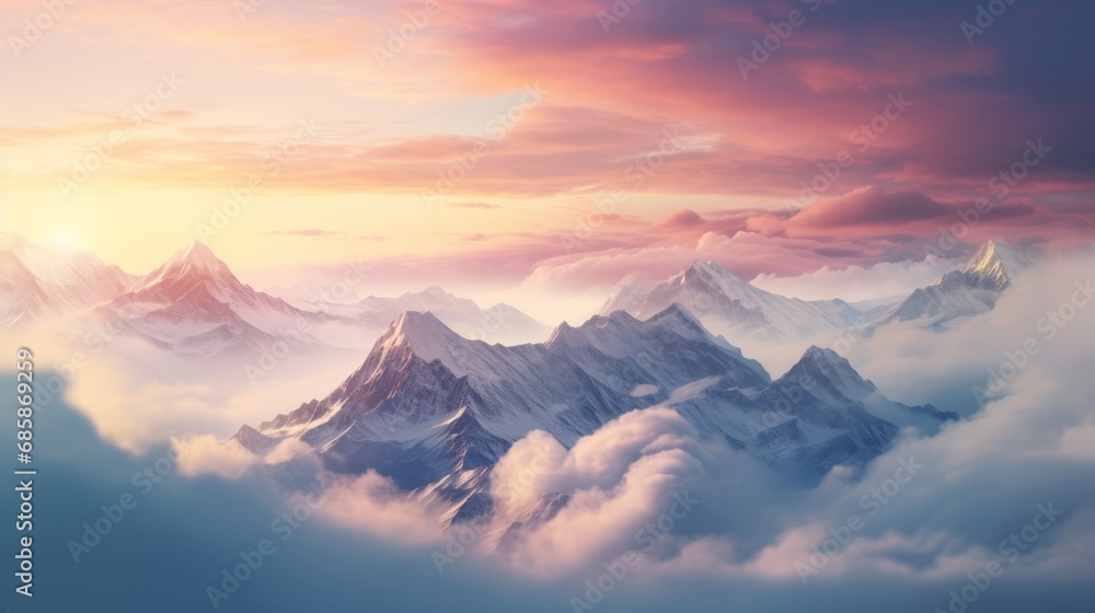 Top view of snowy mountains landscape at sunset with fog, sunset, God Rays, drone view, snow Top view of snowy mountains landscape at sunset with fog, sunset, God Rays, drone view, snow