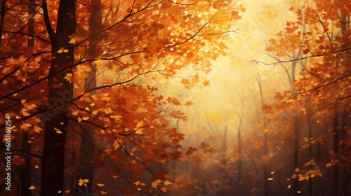 Sunlight filtering through a canopy of fiery, autumn leaves, casting a warm glow.