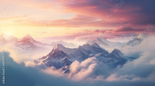Top view of snowy mountains landscape at sunset with fog, sunset, God Rays, drone view, snow