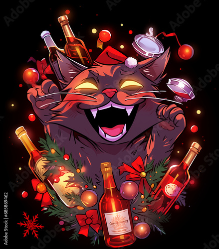 Strange vampire Funny christmas Cat, with lights arround, new year's drink, comic character, christmas card design, t-shirt design