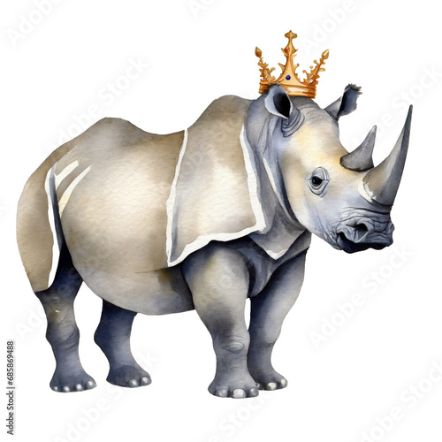 Watercolor drawing of cute rhinoceros wearing crown  transparent background