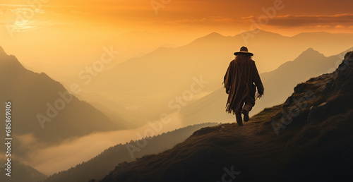 Solitary Wanderer: Sunrise Trek in the Mountains