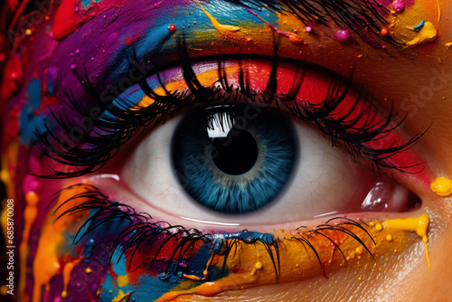 Vibrant Vision: Blue Eye Surrounded by a Spectrum of Paint Colors