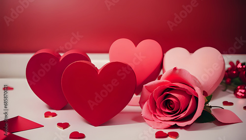 Romantic Valentine's day background white table decorated for a date with red hearts and pink roses on top, with a red gradient background