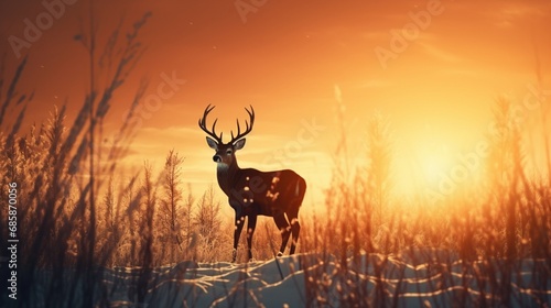 The graceful silhouette of a deer in a snow-covered meadow, with the warm colors of the setting sun as a backdrop. © Fahad