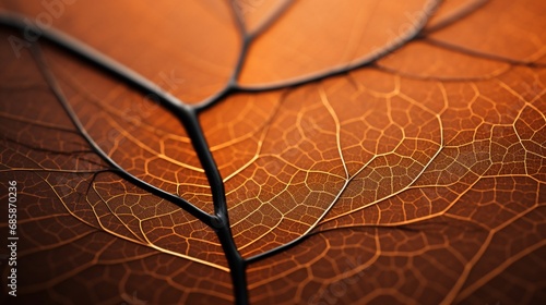 The intricate veins and patterns of an orange leaf illuminated by soft natural light.