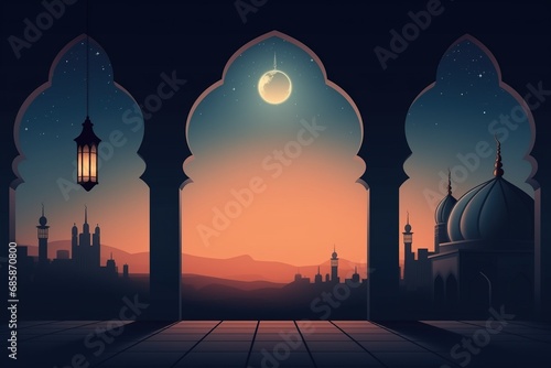 Ramadan Kareem horizontal banner. Silhouette of windows in Arabic architectural style, overlooking the city during the sunrise. Copy space, greeting card. Islamic background.