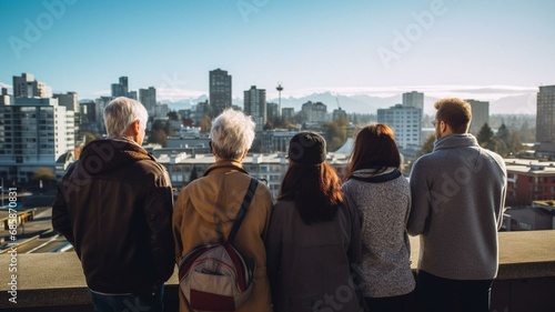 Multigenerational group looking out at city from rooftop