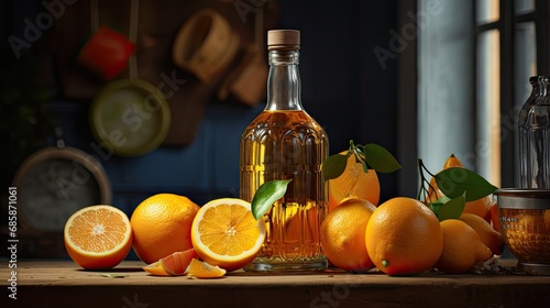 Neatly arranged bottles and orange slices  an aesthetic composition with oil as the focal point.