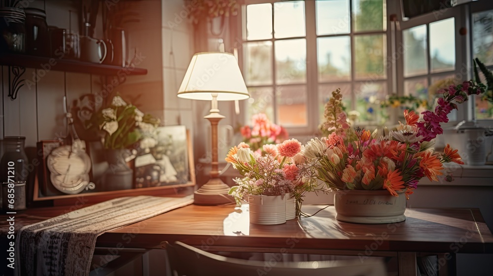 the warm, soft light of a summer evening that falls through the window into the kitchen to improve the mood and atmosphere.